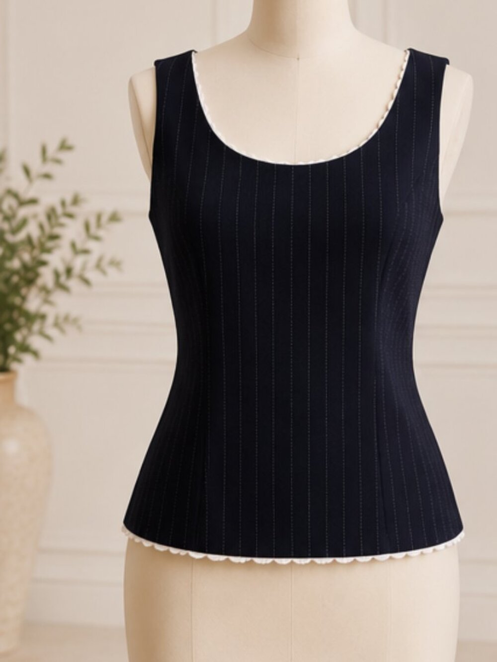 Quiet Luxury Workwear Tahari Navy Pinstripe Shell Top 6P